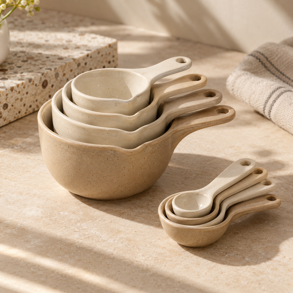 Vintage Cream Ceramic Measuring Cups & Spoons Set – Elegant Stackable Baking Measurement Tools with Natural Speckled Finish for Cooking, Baking & Kitchen Essentials