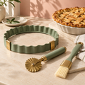 Sage Green Pie & Pastry Baking Tool Set – Elegant Fluted Tart Ring, Pastry Cutter Wheel & Baking Brush with Gold Accents for Homemade Pies, Tarts & Desserts