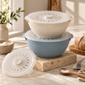 Ribbed Mixing Bowl Set with Ventilated Lids – Elegant Cream & Dusty Blue Baking Prep Bowls for Dough Mixing, Bread Making, Cooking & Kitchen Essentials