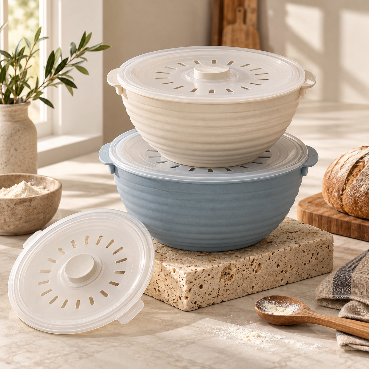 Ribbed Mixing Bowl Set with Ventilated Lids – Elegant Cream & Dusty Blue Baking Prep Bowls for Dough Mixing, Bread Making, Cooking & Kitchen Essentials