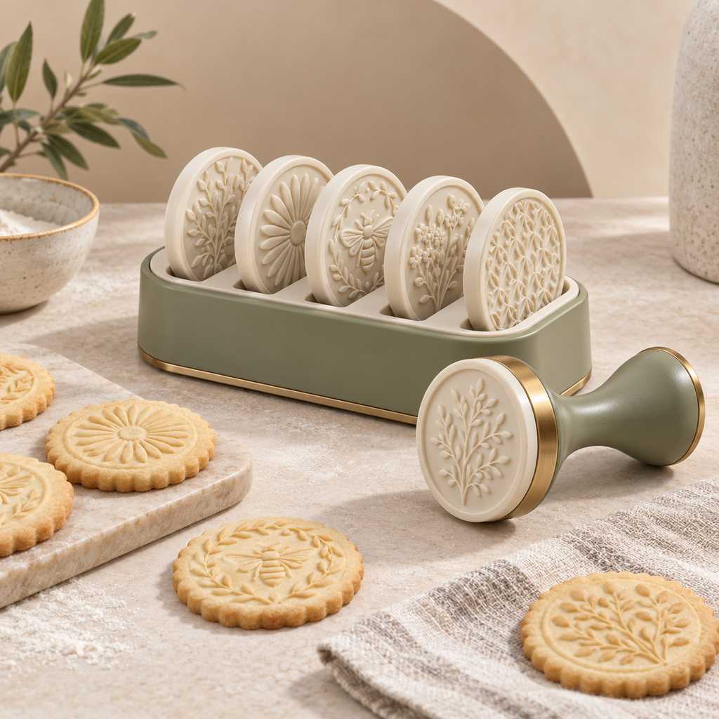 Vintage Floral Cookie Stamp Set with Interchangeable Embossing Discs – Elegant Sage Green & Gold Baking Cookie Press with Botanical, Daisy & Bee Patterns for Homemade Cookies, Biscuits, Pastries & Baking Gifts