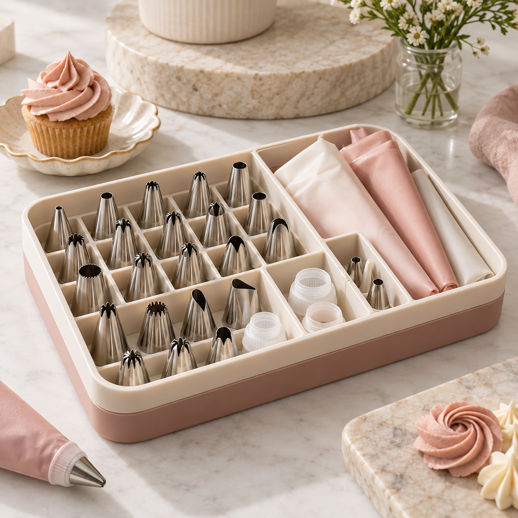 Cake Decorating Piping Tips & Pastry Bag Set with Organizer Box – Elegant Stainless Steel Frosting Nozzles, Reusable Piping Bags & Baking Accessories for Cupcakes, Cakes, Cookies & Dessert Decorating