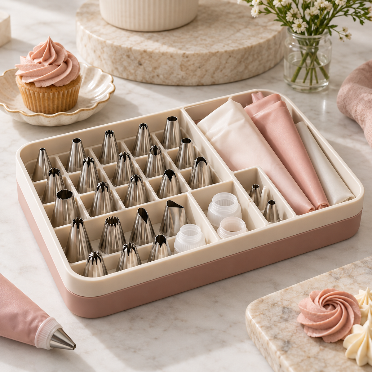 Cake Decorating Piping Tips & Pastry Bag Set with Organizer Box – Elegant Stainless Steel Frosting Nozzles, Reusable Piping Bags & Baking Accessories for Cupcakes, Cakes, Cookies & Dessert Decorating