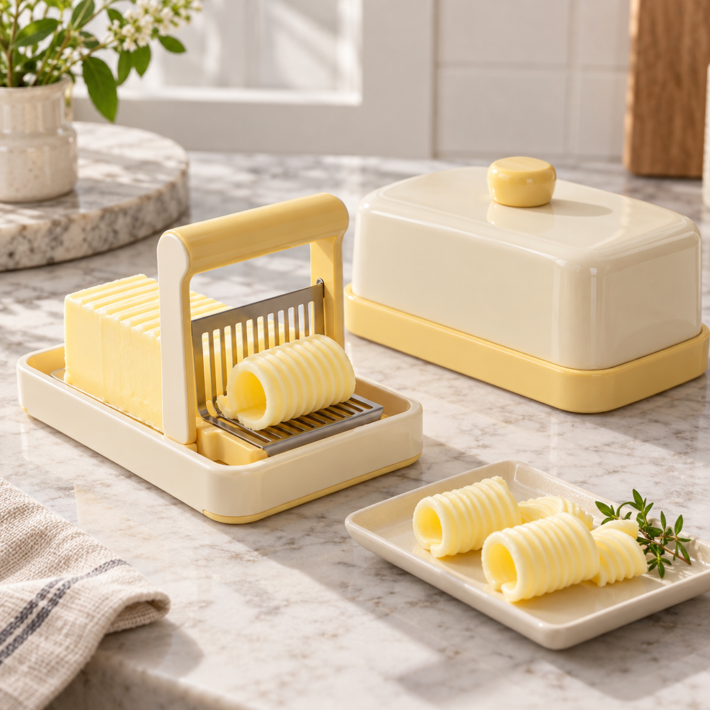 Butter Curler & Slicer with Covered Butter Dish Set – Elegant Cream & Soft Yellow Butter Cutter with Decorative Curl Maker, Storage Container & Lid for Toast, Breakfast, Baking & Kitchen Essentials