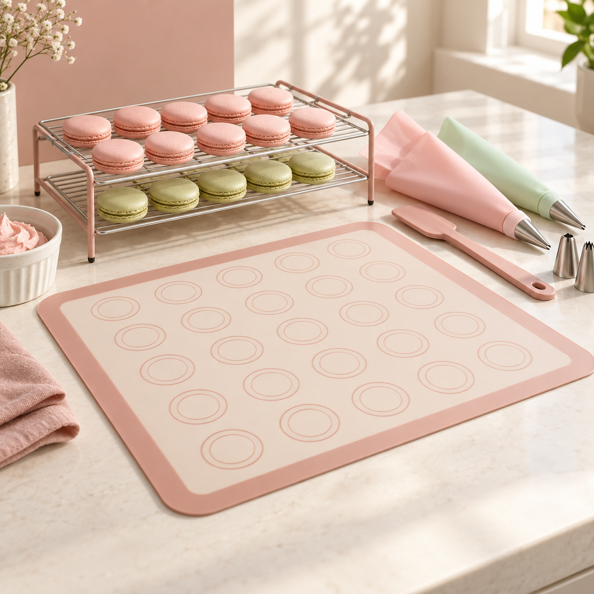 Macaron Baking Mat & Decorating Tool Set with Circle Guides – Elegant Pink Silicone-Style Baking Mat, Double-Tier Cooling Rack, Piping Bags & Pastry Accessories for French Macarons, Cookies & Homemade Desserts