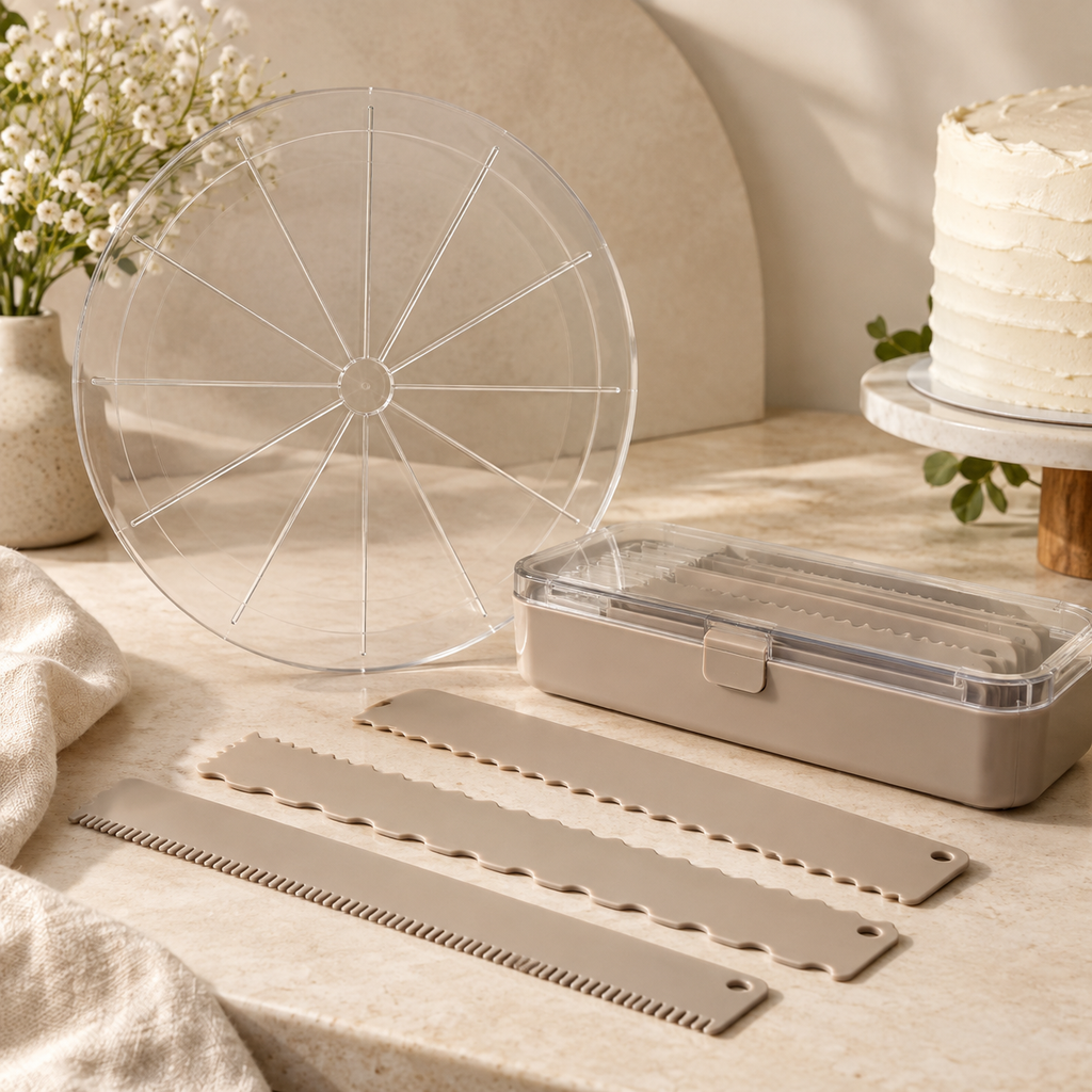 Cake Slicing Guide & Decorating Comb Set – Cake Divider, Frosting Scrapers & Storage Box
