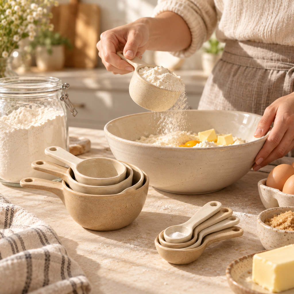 Vintage Cream Ceramic Measuring Cups & Spoons Set – Elegant Stackable Baking Measurement Tools with Natural Speckled Finish for Cooking, Baking & Kitchen Essentials