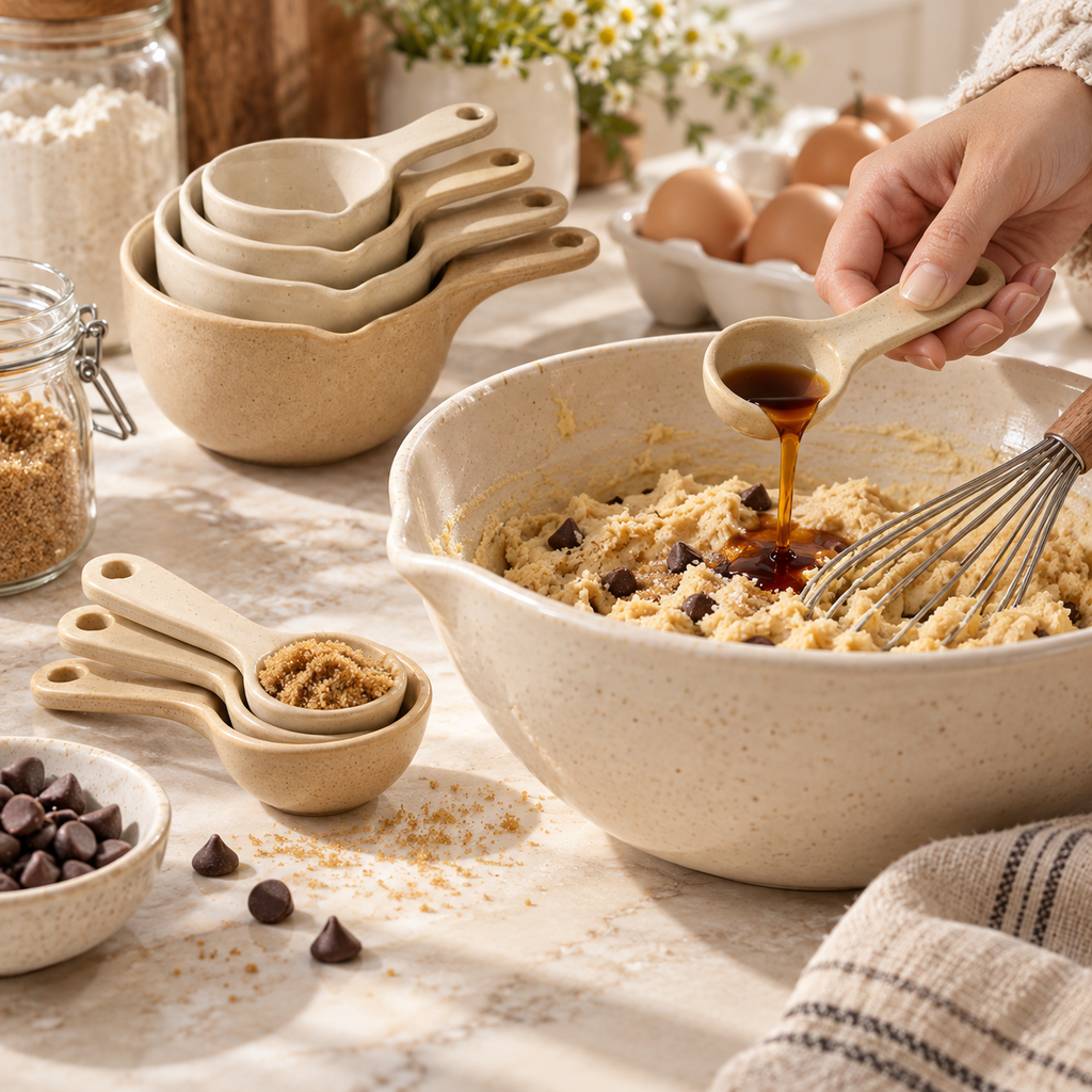Vintage Cream Ceramic Measuring Cups & Spoons Set – Elegant Stackable Baking Measurement Tools with Natural Speckled Finish for Cooking, Baking & Kitchen Essentials