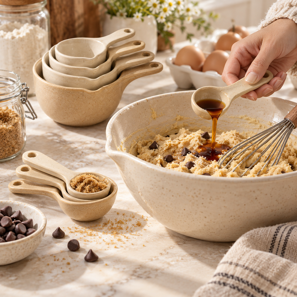 Vintage Cream Ceramic Measuring Cups & Spoons Set – Elegant Stackable Baking Measurement Tools with Natural Speckled Finish for Cooking, Baking & Kitchen Essentials