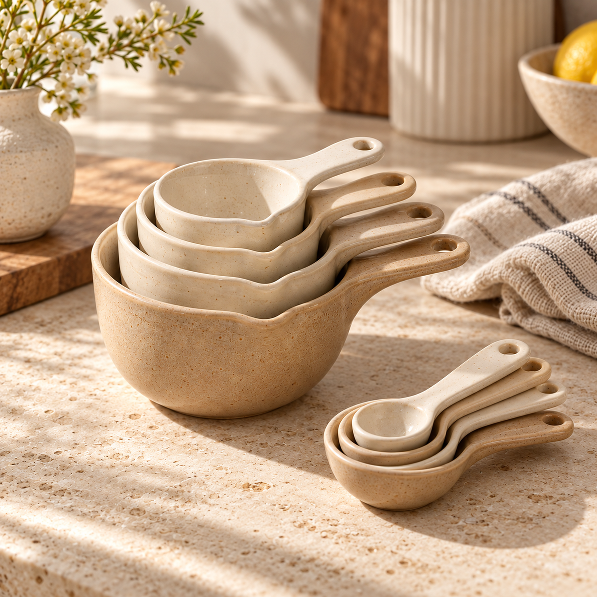 Vintage Cream Ceramic Measuring Cups & Spoons Set – Elegant Stackable Baking Measurement Tools with Natural Speckled Finish for Cooking, Baking & Kitchen Essentials
