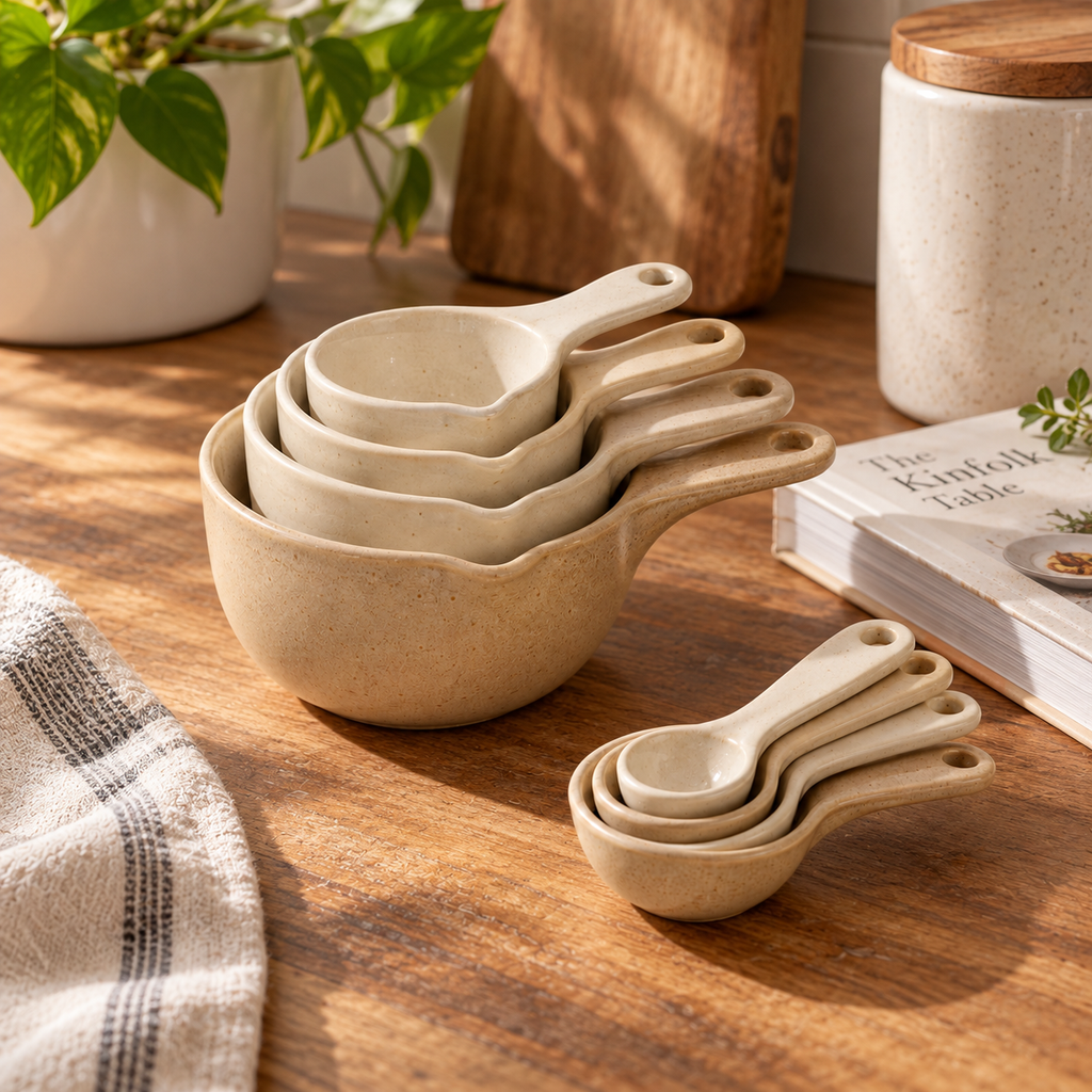 Vintage Cream Ceramic Measuring Cups & Spoons Set – Elegant Stackable Baking Measurement Tools with Natural Speckled Finish for Cooking, Baking & Kitchen Essentials