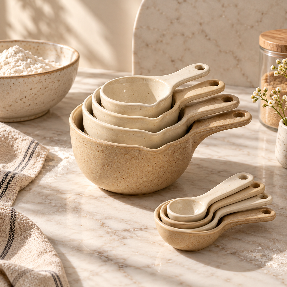 Vintage Cream Ceramic Measuring Cups & Spoons Set – Elegant Stackable Baking Measurement Tools with Natural Speckled Finish for Cooking, Baking & Kitchen Essentials