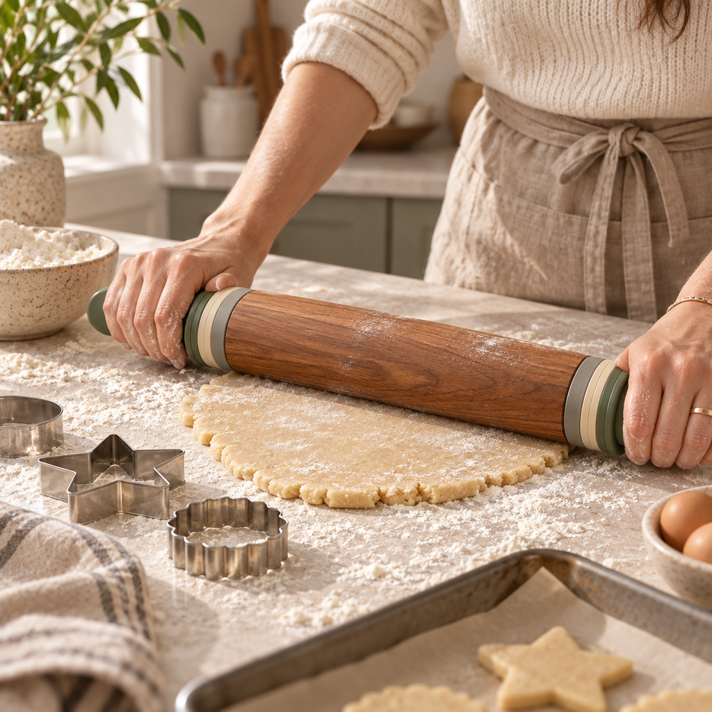 Adjustable Wooden Rolling Pin with Thickness Guide Rings – Elegant Wood Baking Dough Roller for Cookies, Pastry, Pizza, Pie Crusts & Home Baking Essentials