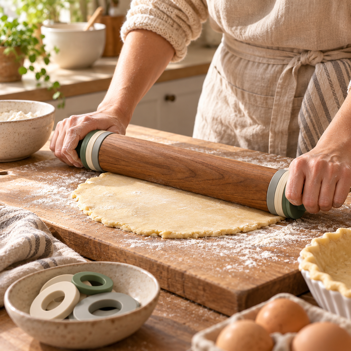 Adjustable Wooden Rolling Pin with Thickness Guide Rings – Elegant Wood Baking Dough Roller for Cookies, Pastry, Pizza, Pie Crusts & Home Baking Essentials