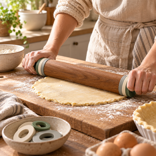 Adjustable Wooden Rolling Pin with Thickness Guide Rings – Elegant Wood Baking Dough Roller for Cookies, Pastry, Pizza, Pie Crusts & Home Baking Essentials