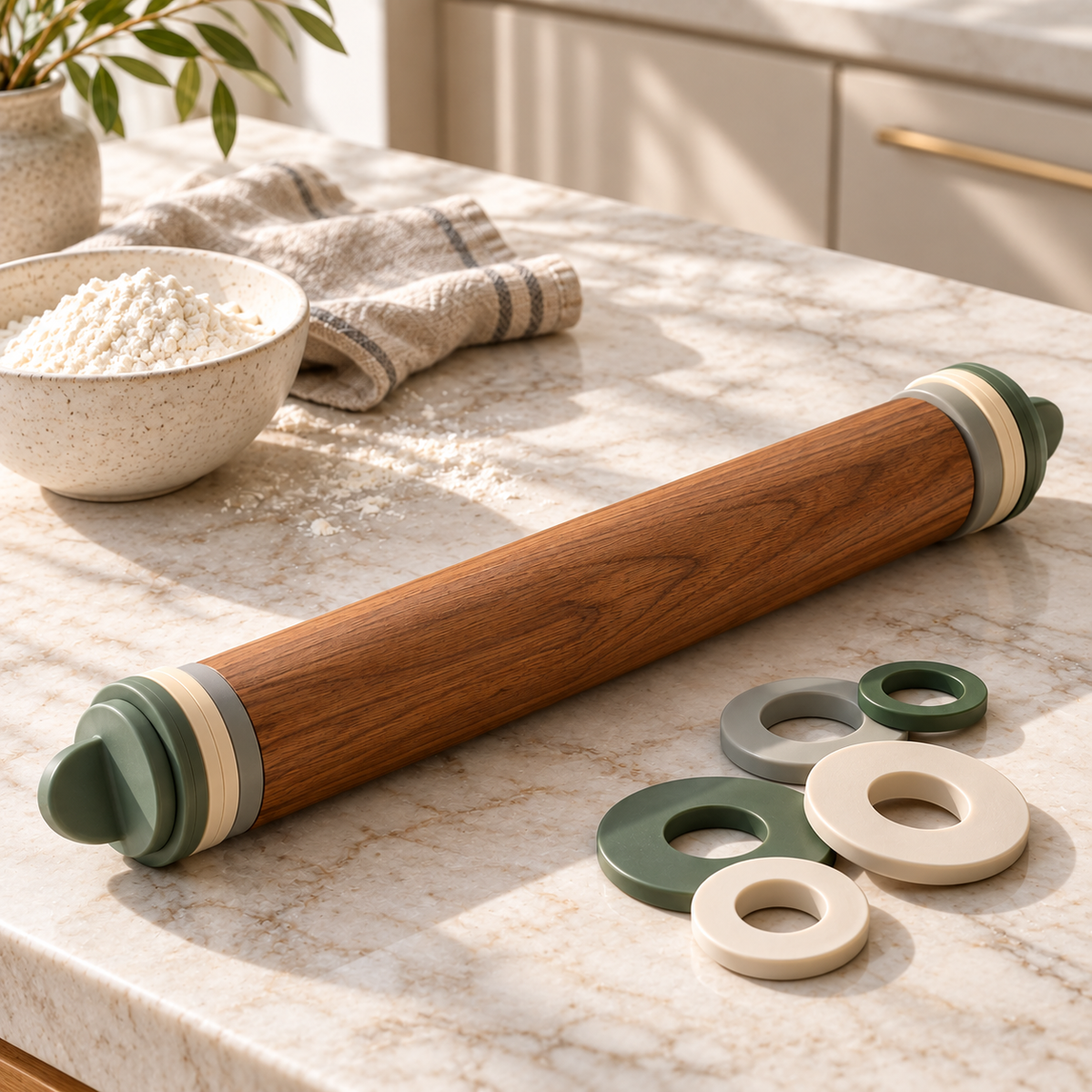 Adjustable Wooden Rolling Pin with Thickness Guide Rings – Elegant Wood Baking Dough Roller for Cookies, Pastry, Pizza, Pie Crusts & Home Baking Essentials