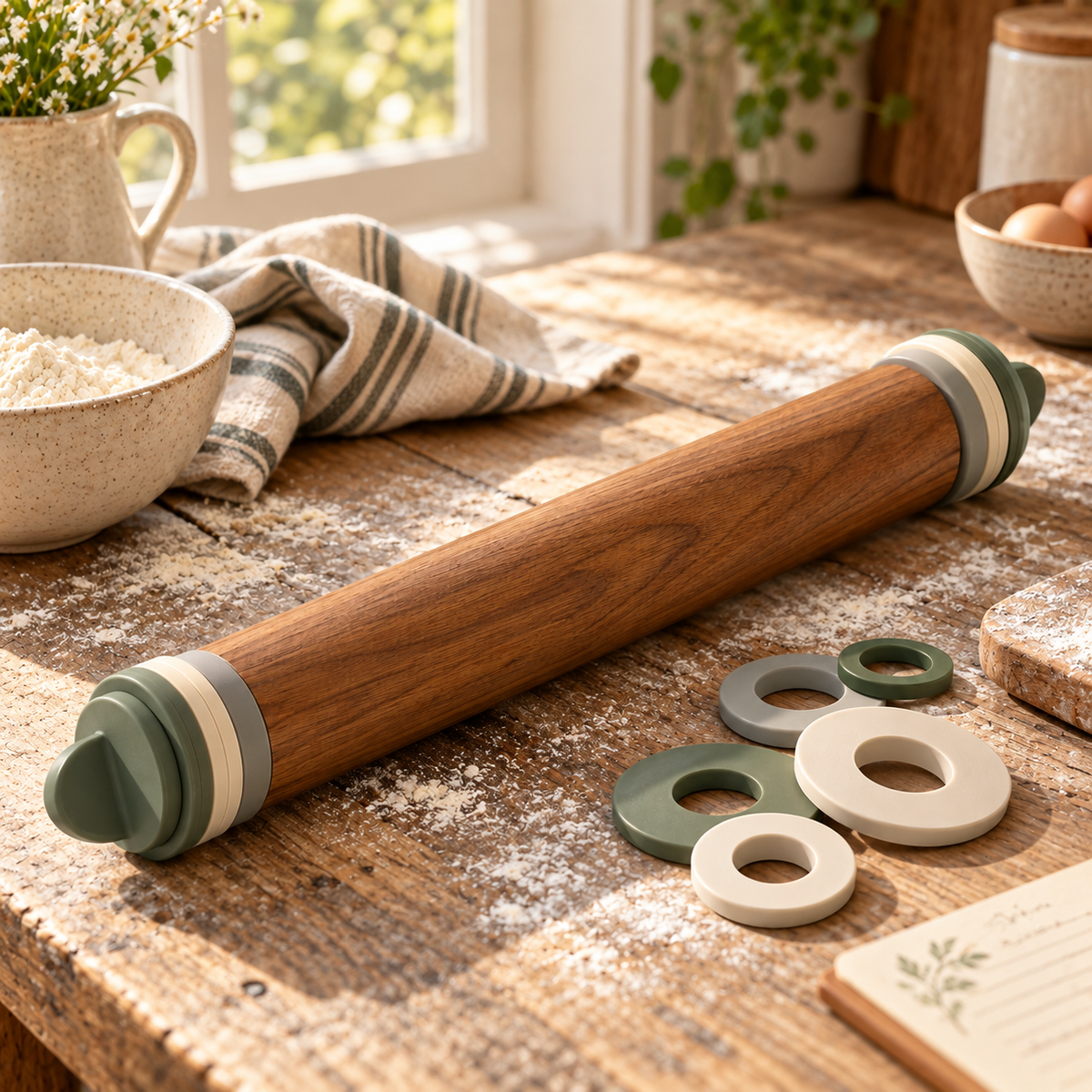 Adjustable Wooden Rolling Pin with Thickness Guide Rings – Elegant Wood Baking Dough Roller for Cookies, Pastry, Pizza, Pie Crusts & Home Baking Essentials