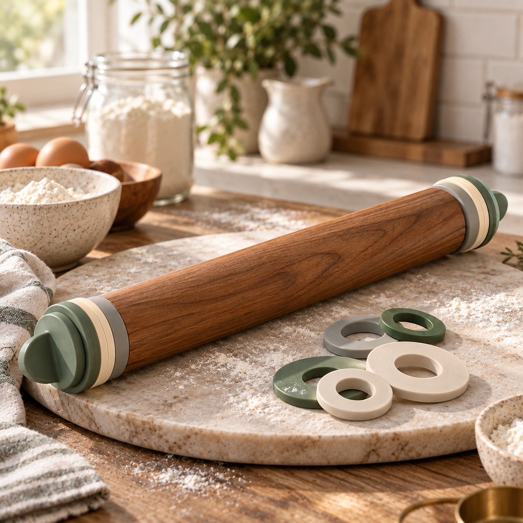 Adjustable Wooden Rolling Pin with Thickness Guide Rings – Elegant Wood Baking Dough Roller for Cookies, Pastry, Pizza, Pie Crusts & Home Baking Essentials