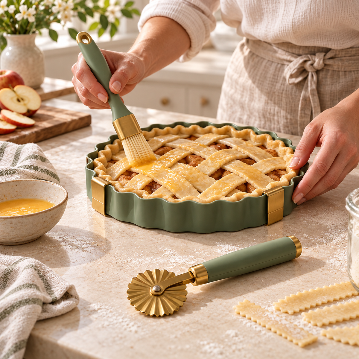 Sage Green Pie & Pastry Baking Tool Set – Elegant Fluted Tart Ring, Pastry Cutter Wheel & Baking Brush with Gold Accents for Homemade Pies, Tarts & Desserts