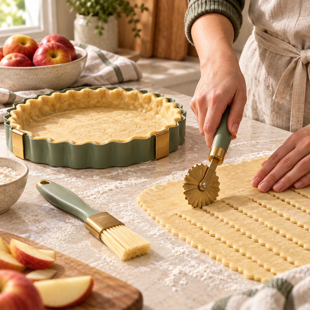 Sage Green Pie & Pastry Baking Tool Set – Elegant Fluted Tart Ring, Pastry Cutter Wheel & Baking Brush with Gold Accents for Homemade Pies, Tarts & Desserts