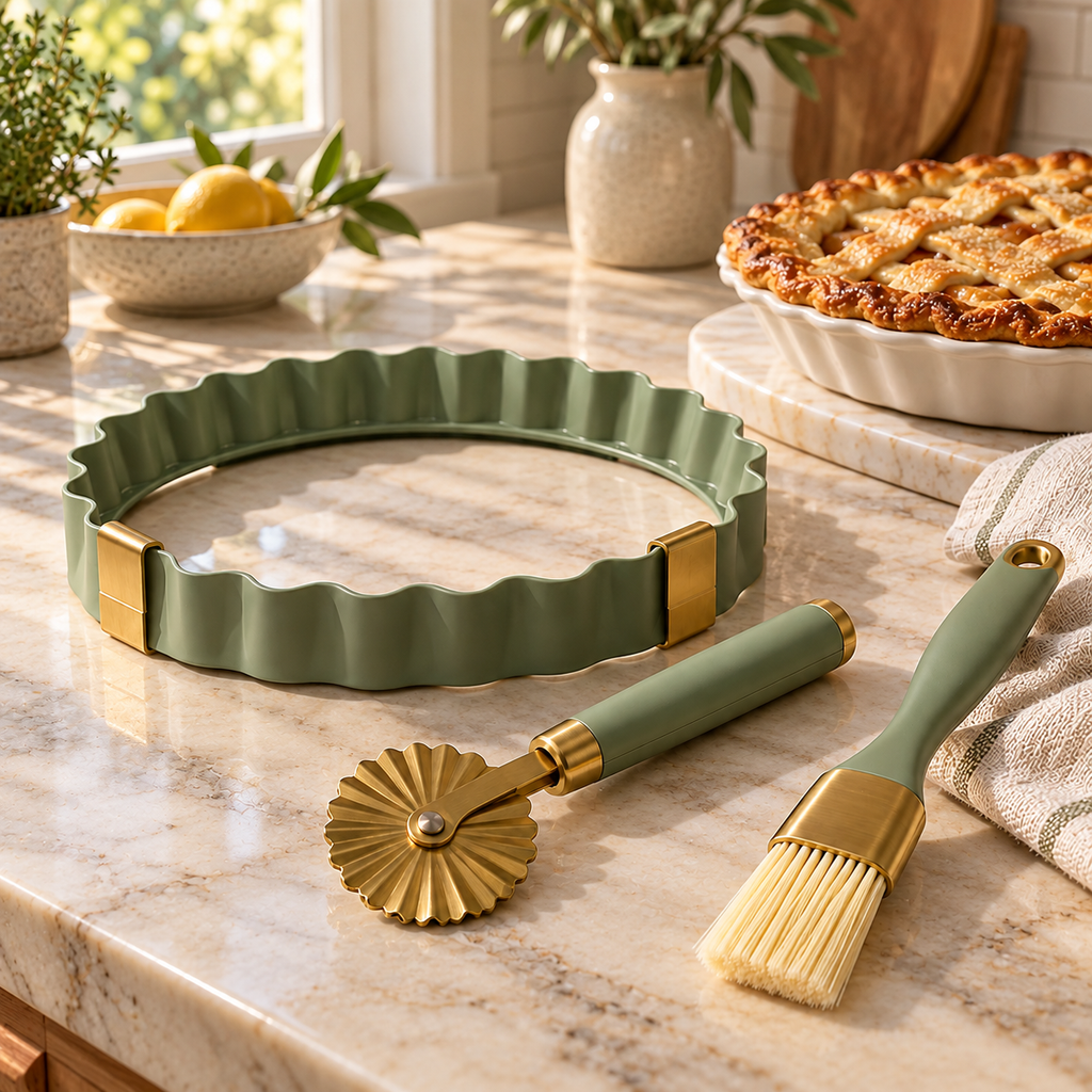 Sage Green Pie & Pastry Baking Tool Set – Elegant Fluted Tart Ring, Pastry Cutter Wheel & Baking Brush with Gold Accents for Homemade Pies, Tarts & Desserts