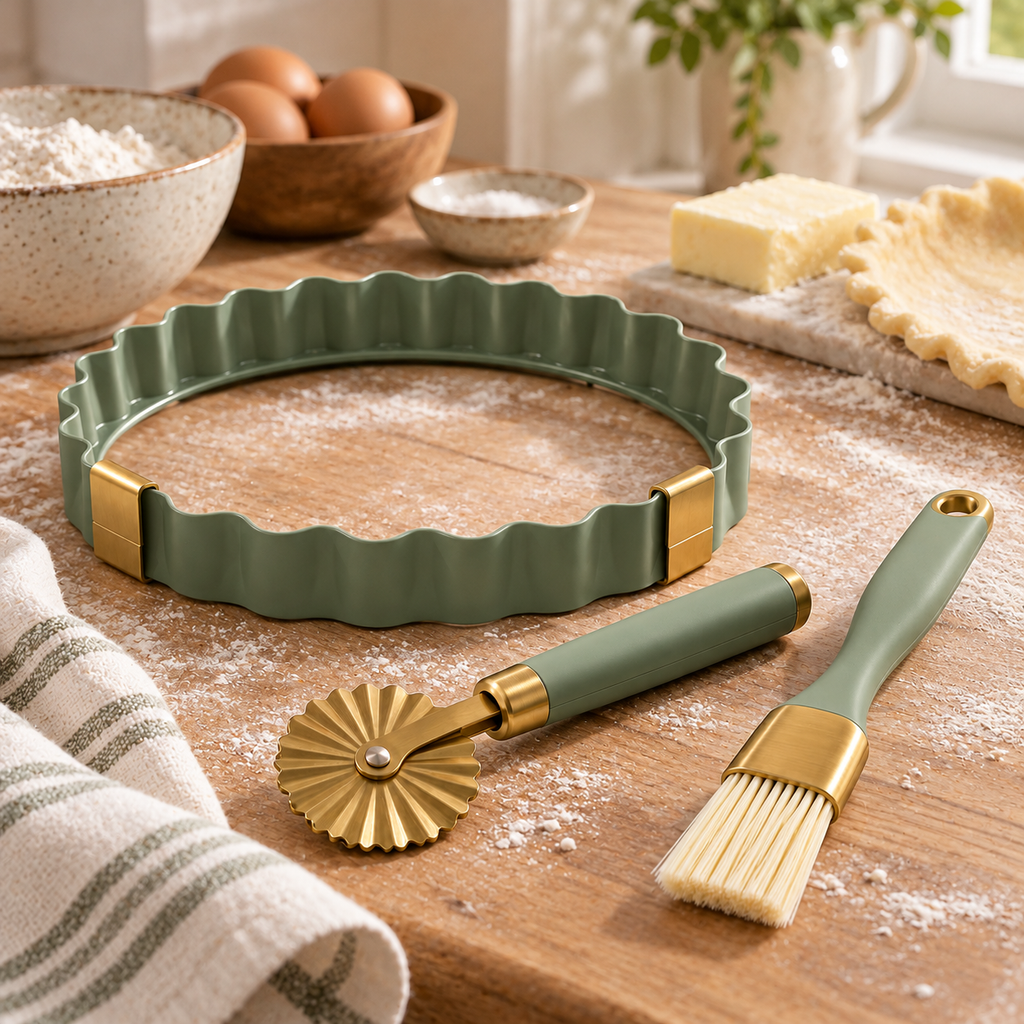 Sage Green Pie & Pastry Baking Tool Set – Elegant Fluted Tart Ring, Pastry Cutter Wheel & Baking Brush with Gold Accents for Homemade Pies, Tarts & Desserts