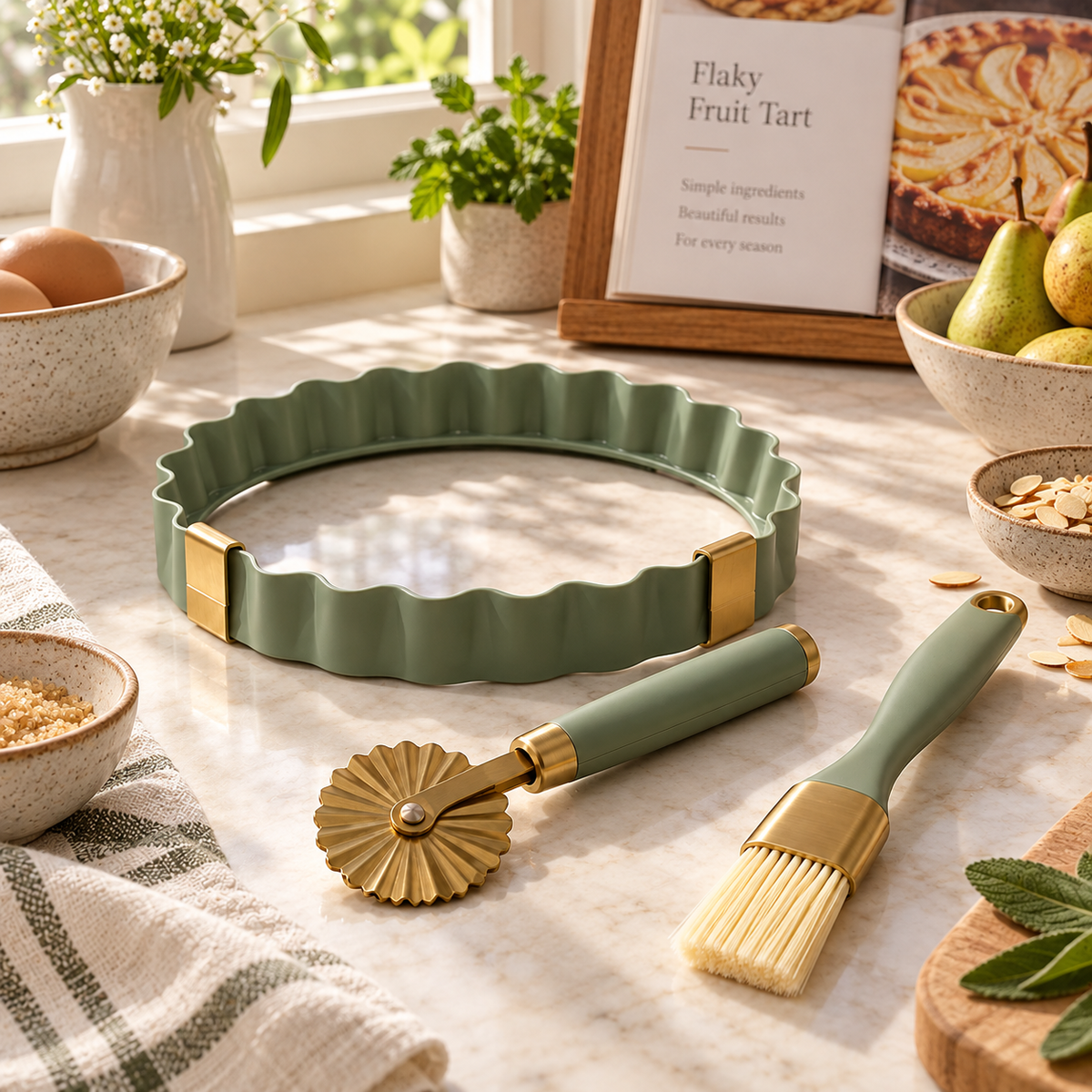 Sage Green Pie & Pastry Baking Tool Set – Elegant Fluted Tart Ring, Pastry Cutter Wheel & Baking Brush with Gold Accents for Homemade Pies, Tarts & Desserts