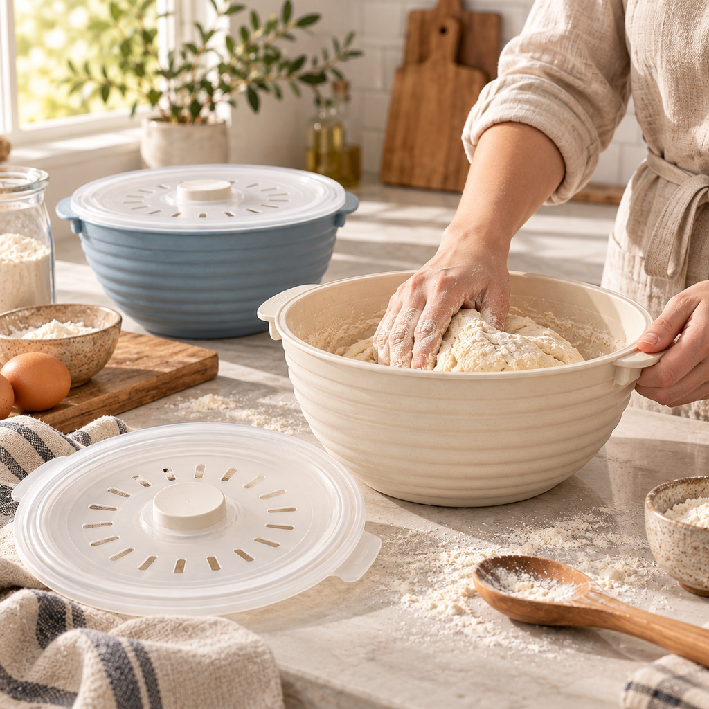 Ribbed Mixing Bowl Set with Ventilated Lids – Elegant Cream & Dusty Blue Baking Prep Bowls for Dough Mixing, Bread Making, Cooking & Kitchen Essentials
