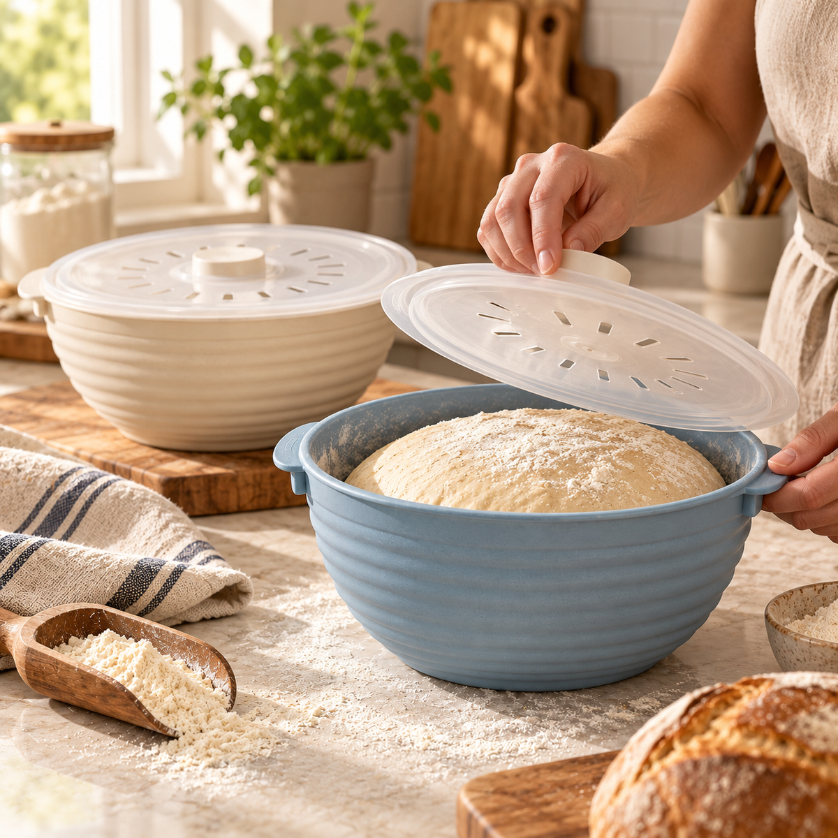 Ribbed Mixing Bowl Set with Ventilated Lids – Elegant Cream & Dusty Blue Baking Prep Bowls for Dough Mixing, Bread Making, Cooking & Kitchen Essentials