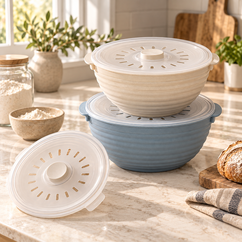 Ribbed Mixing Bowl Set with Ventilated Lids – Elegant Cream & Dusty Blue Baking Prep Bowls for Dough Mixing, Bread Making, Cooking & Kitchen Essentials
