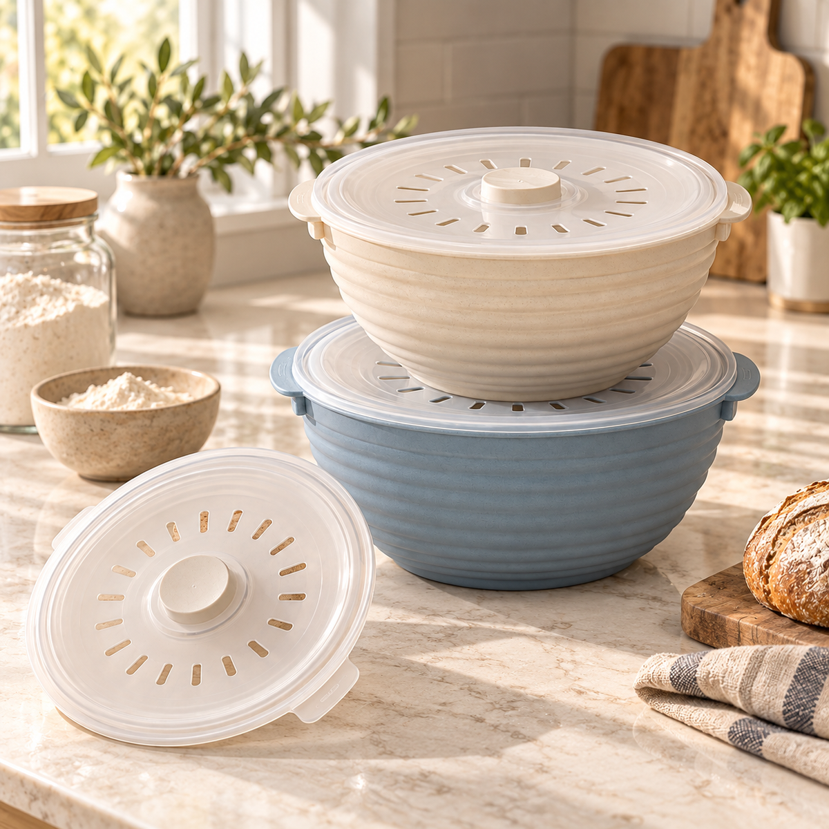 Ribbed Mixing Bowl Set with Ventilated Lids – Elegant Cream & Dusty Blue Baking Prep Bowls for Dough Mixing, Bread Making, Cooking & Kitchen Essentials