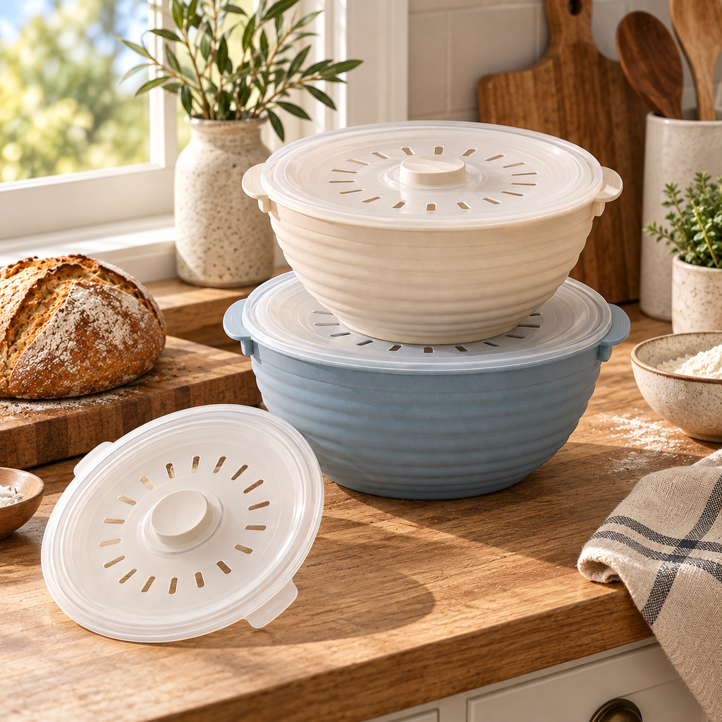 Ribbed Mixing Bowl Set with Ventilated Lids – Elegant Cream & Dusty Blue Baking Prep Bowls for Dough Mixing, Bread Making, Cooking & Kitchen Essentials