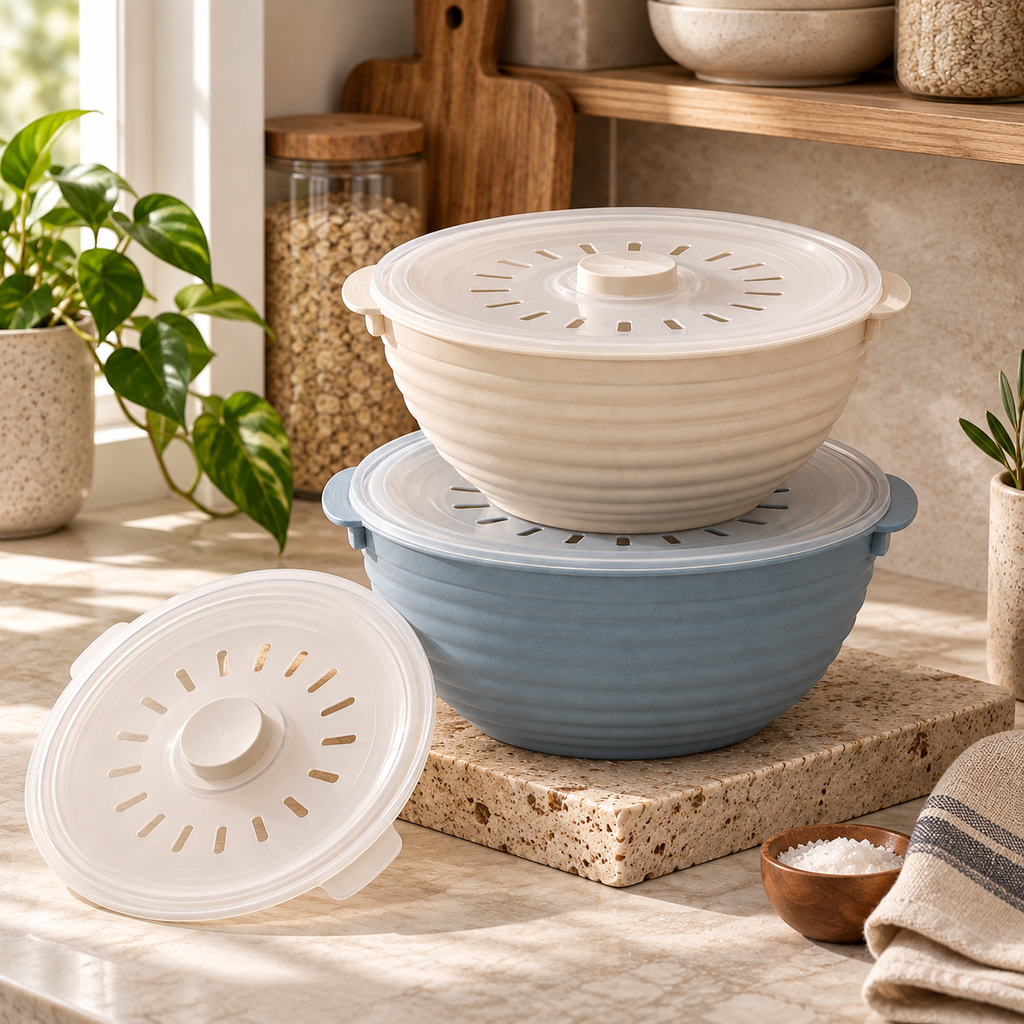 Ribbed Mixing Bowl Set with Ventilated Lids – Elegant Cream & Dusty Blue Baking Prep Bowls for Dough Mixing, Bread Making, Cooking & Kitchen Essentials