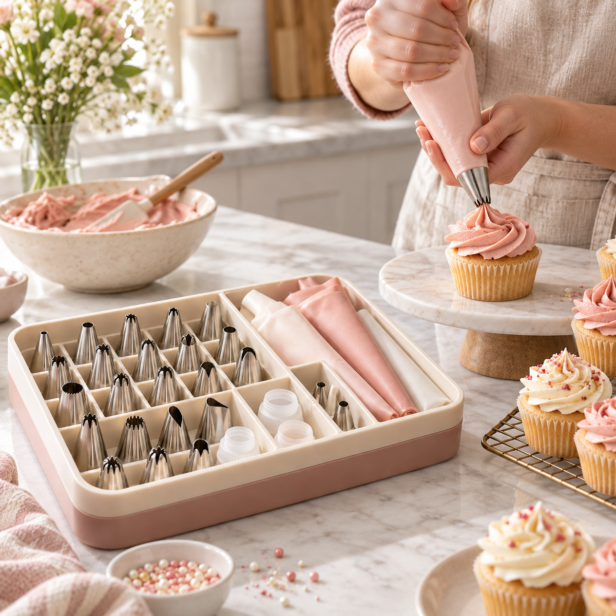 Cake Decorating Piping Tips & Pastry Bag Set with Organizer Box – Elegant Stainless Steel Frosting Nozzles, Reusable Piping Bags & Baking Accessories for Cupcakes, Cakes, Cookies & Dessert Decorating