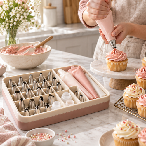 Cake Decorating Piping Tips & Pastry Bag Set with Organizer Box – Elegant Stainless Steel Frosting Nozzles, Reusable Piping Bags & Baking Accessories for Cupcakes, Cakes, Cookies & Dessert Decorating