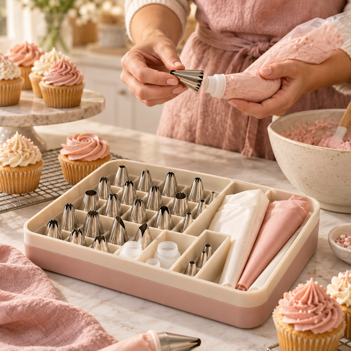 Cake Decorating Piping Tips & Pastry Bag Set with Organizer Box – Elegant Stainless Steel Frosting Nozzles, Reusable Piping Bags & Baking Accessories for Cupcakes, Cakes, Cookies & Dessert Decorating