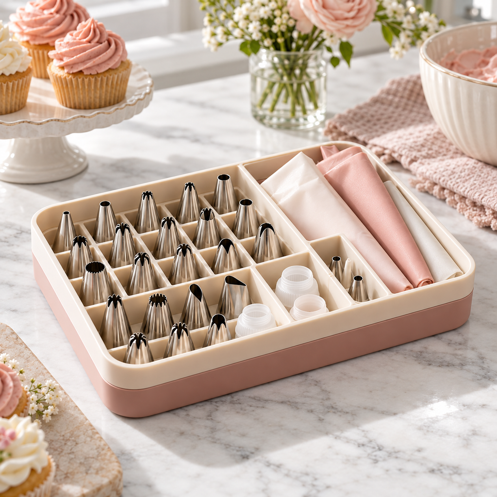 Cake Decorating Piping Tips & Pastry Bag Set with Organizer Box – Elegant Stainless Steel Frosting Nozzles, Reusable Piping Bags & Baking Accessories for Cupcakes, Cakes, Cookies & Dessert Decorating