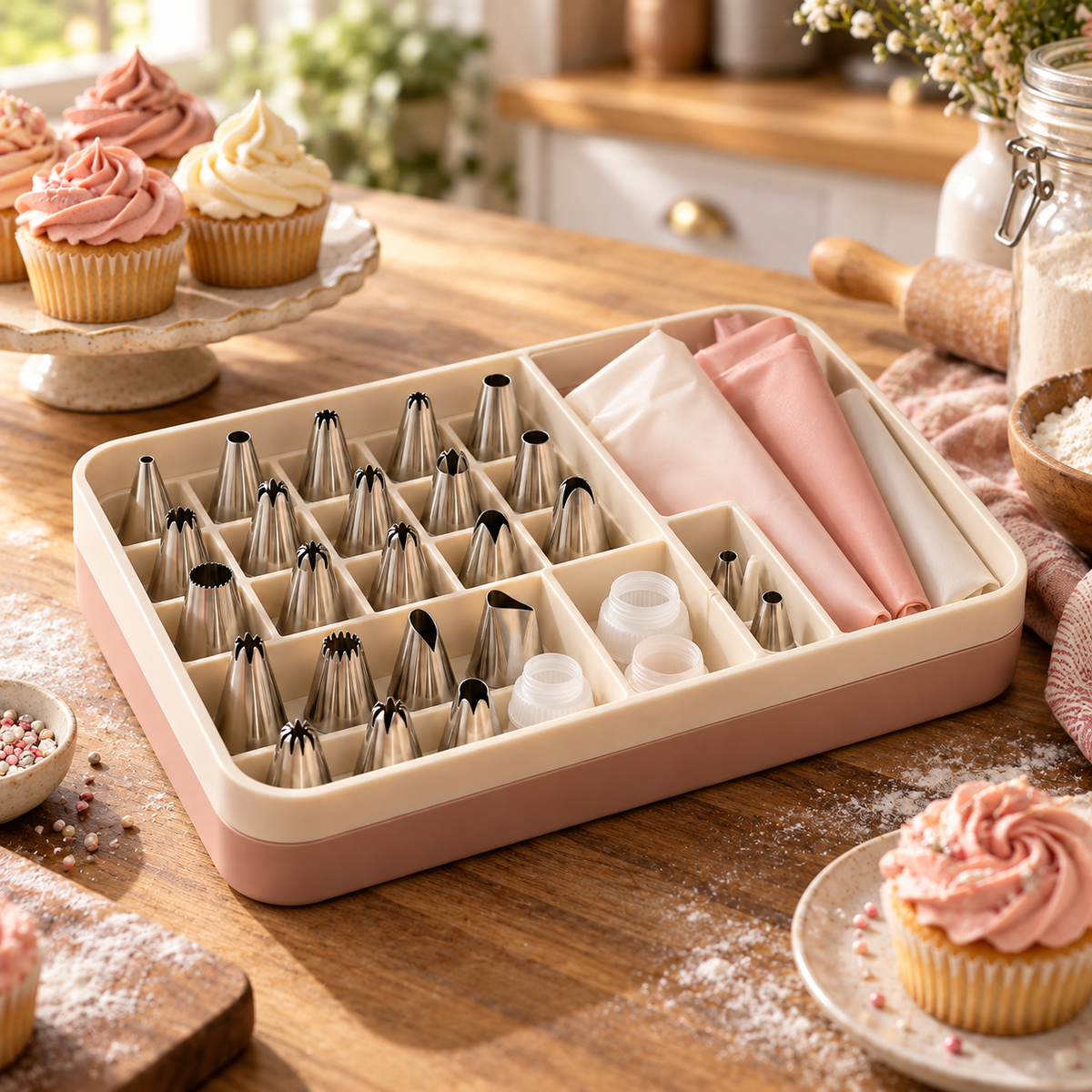 Cake Decorating Piping Tips & Pastry Bag Set with Organizer Box – Elegant Stainless Steel Frosting Nozzles, Reusable Piping Bags & Baking Accessories for Cupcakes, Cakes, Cookies & Dessert Decorating