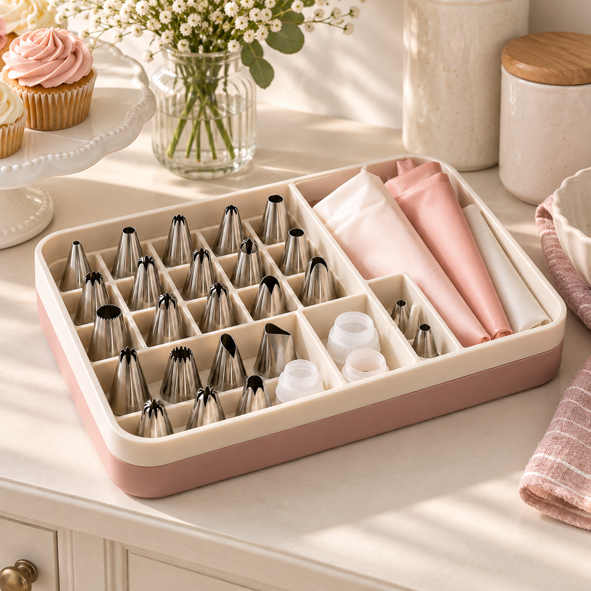 Cake Decorating Piping Tips & Pastry Bag Set with Organizer Box – Elegant Stainless Steel Frosting Nozzles, Reusable Piping Bags & Baking Accessories for Cupcakes, Cakes, Cookies & Dessert Decorating