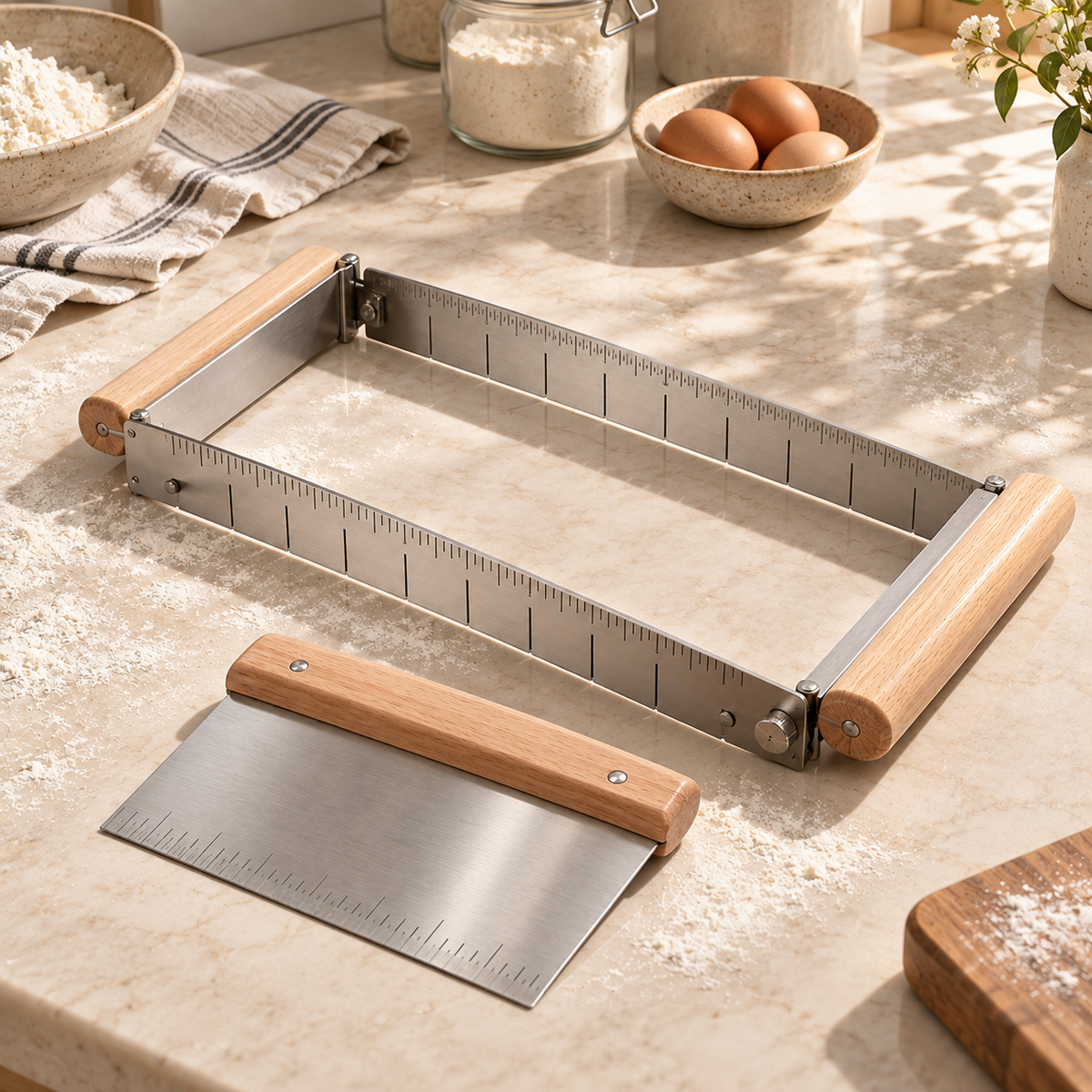 Stainless Steel Pastry Dough Cutting Guide & Bench Scraper Set – Precision Baking Measuring Frame with Wooden Handles for Even Dough Portions, Pastry Sheets, Cookies, Homemade Desserts & Kitchen Baking Essentials