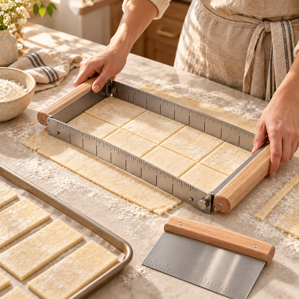 Stainless Steel Pastry Dough Cutting Guide & Bench Scraper Set – Precision Baking Measuring Frame with Wooden Handles for Even Dough Portions, Pastry Sheets, Cookies, Homemade Desserts & Kitchen Baking Essentials