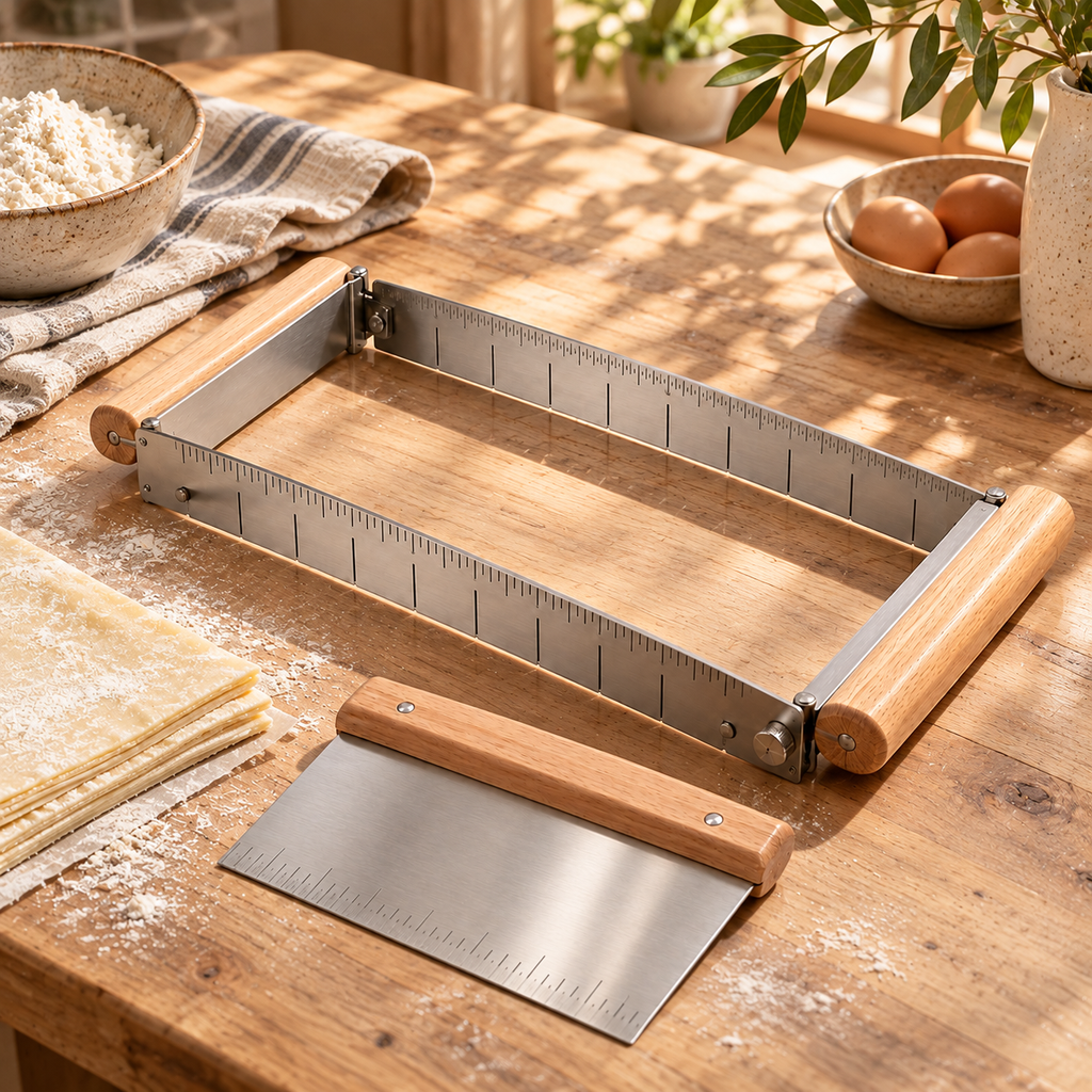 Stainless Steel Pastry Dough Cutting Guide & Bench Scraper Set – Precision Baking Measuring Frame with Wooden Handles for Even Dough Portions, Pastry Sheets, Cookies, Homemade Desserts & Kitchen Baking Essentials