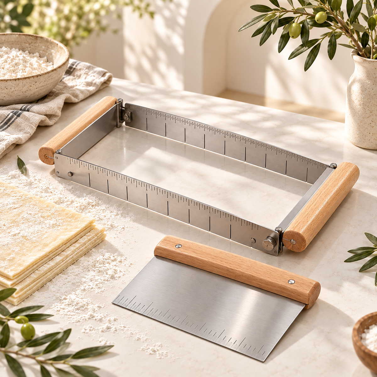 Stainless Steel Pastry Dough Cutting Guide & Bench Scraper Set – Precision Baking Measuring Frame with Wooden Handles for Even Dough Portions, Pastry Sheets, Cookies, Homemade Desserts & Kitchen Baking Essentials
