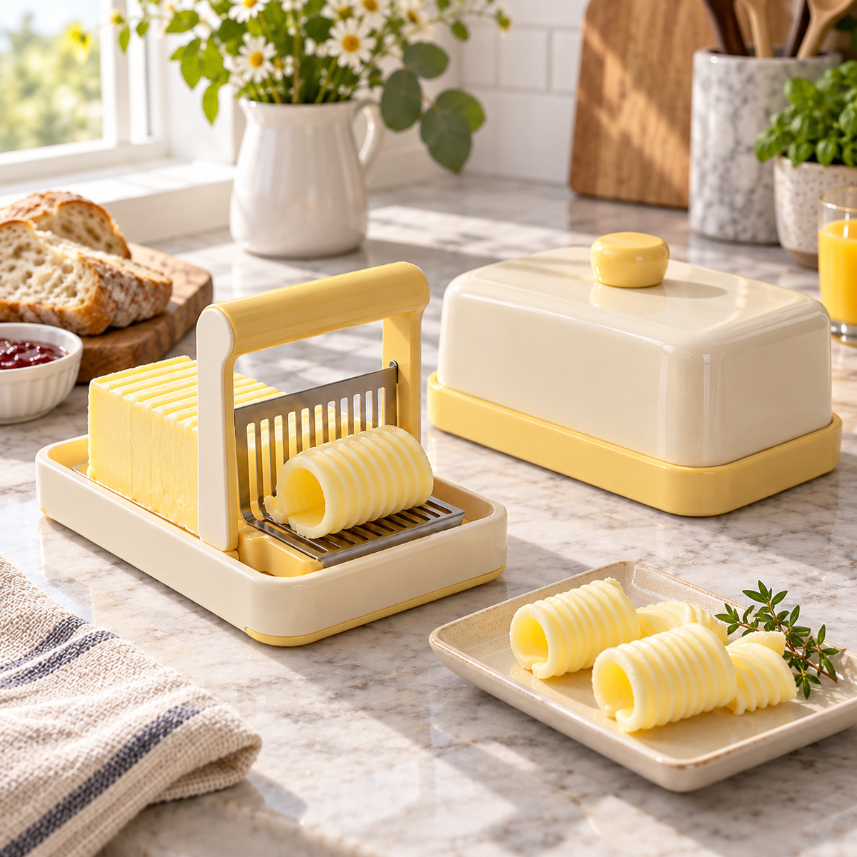 Butter Curler & Slicer with Covered Butter Dish Set – Elegant Cream & Soft Yellow Butter Cutter with Decorative Curl Maker, Storage Container & Lid for Toast, Breakfast, Baking & Kitchen Essentials