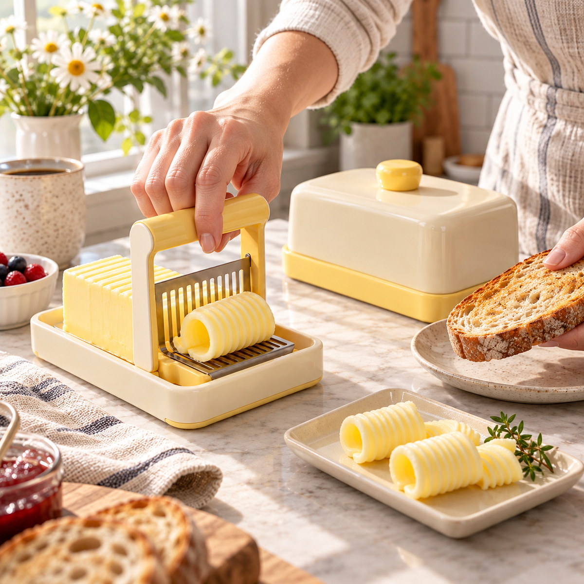 Butter Curler & Slicer with Covered Butter Dish Set – Elegant Cream & Soft Yellow Butter Cutter with Decorative Curl Maker, Storage Container & Lid for Toast, Breakfast, Baking & Kitchen Essentials