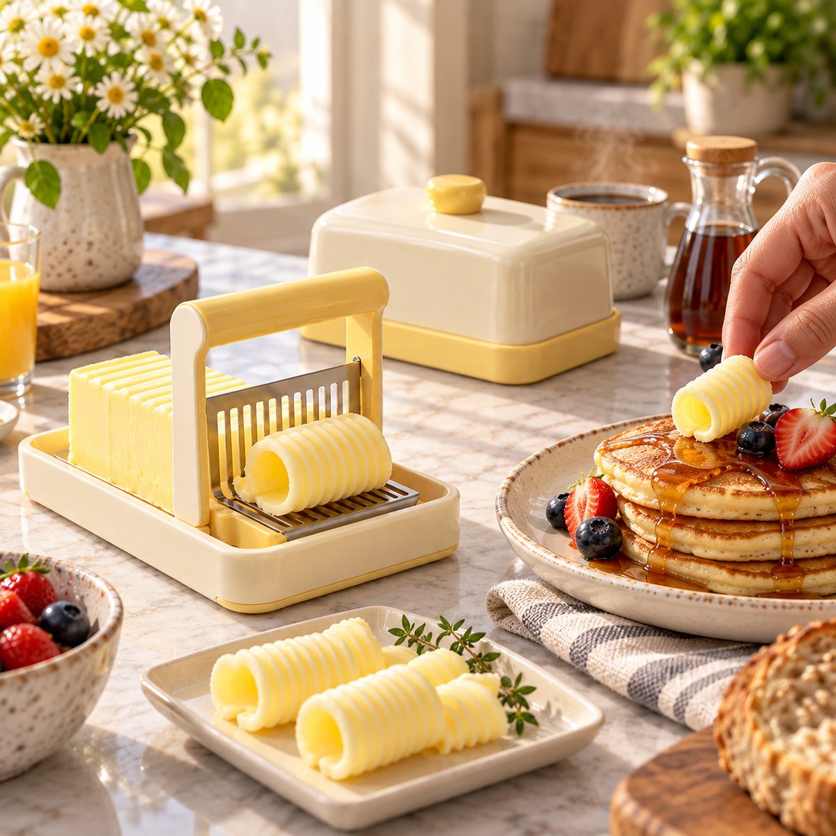 Butter Curler & Slicer with Covered Butter Dish Set – Elegant Cream & Soft Yellow Butter Cutter with Decorative Curl Maker, Storage Container & Lid for Toast, Breakfast, Baking & Kitchen Essentials