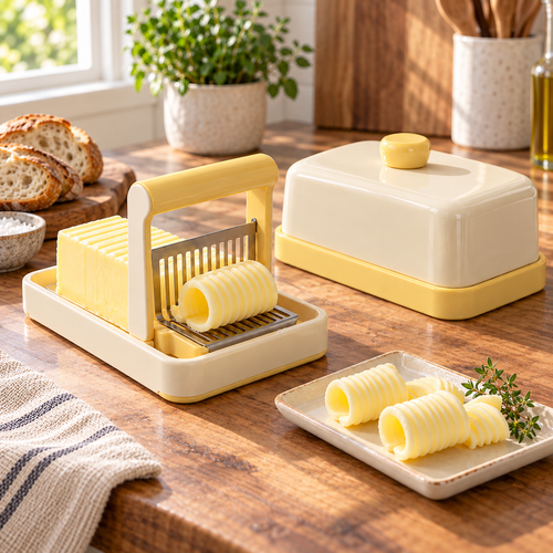 Butter Curler & Slicer with Covered Butter Dish Set – Elegant Cream & Soft Yellow Butter Cutter with Decorative Curl Maker, Storage Container & Lid for Toast, Breakfast, Baking & Kitchen Essentials