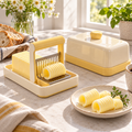 Butter Curler & Slicer with Covered Butter Dish Set – Elegant Cream & Soft Yellow Butter Cutter with Decorative Curl Maker, Storage Container & Lid for Toast, Breakfast, Baking & Kitchen Essentials