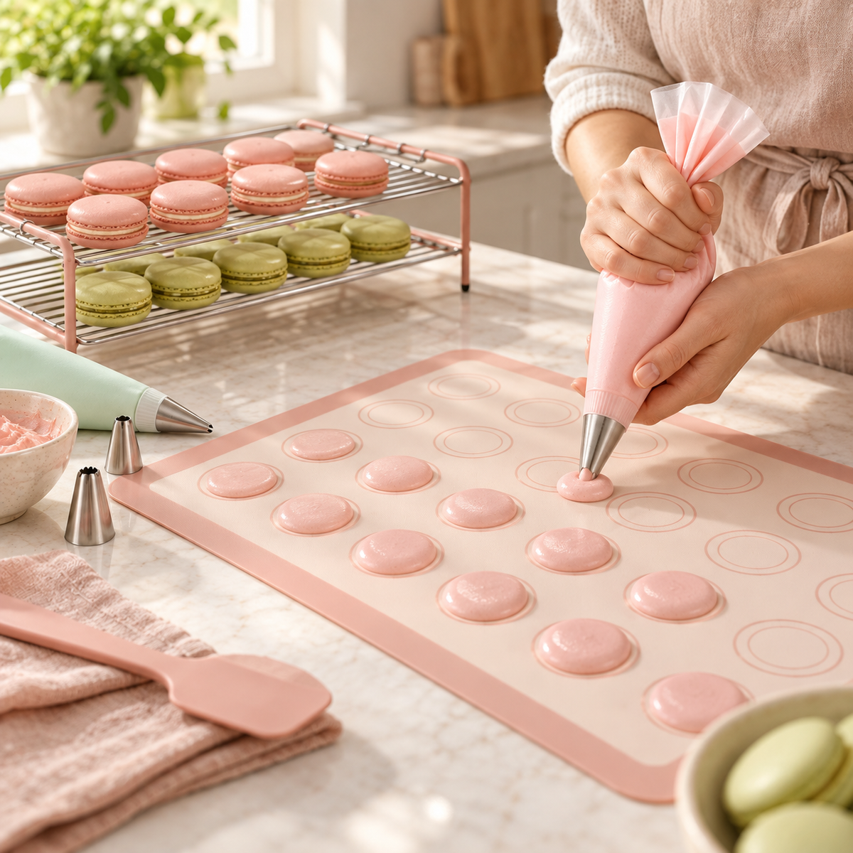 Macaron Baking Mat & Decorating Tool Set with Circle Guides – Elegant Pink Silicone-Style Baking Mat, Double-Tier Cooling Rack, Piping Bags & Pastry Accessories for French Macarons, Cookies & Homemade Desserts