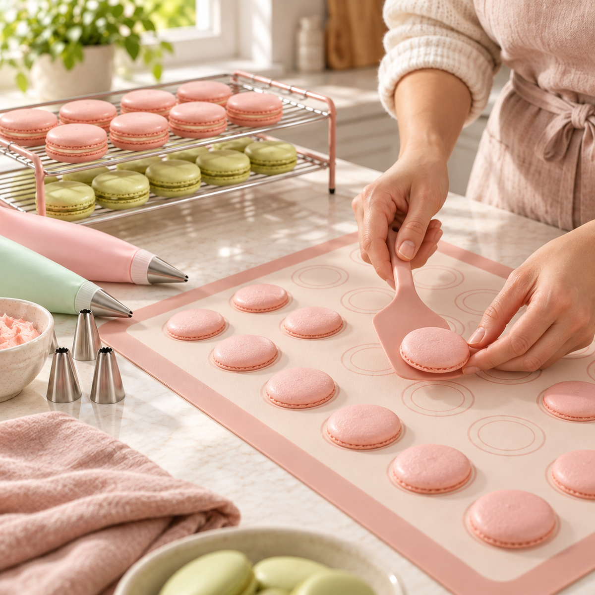 Macaron Baking Mat & Decorating Tool Set with Circle Guides – Elegant Pink Silicone-Style Baking Mat, Double-Tier Cooling Rack, Piping Bags & Pastry Accessories for French Macarons, Cookies & Homemade Desserts